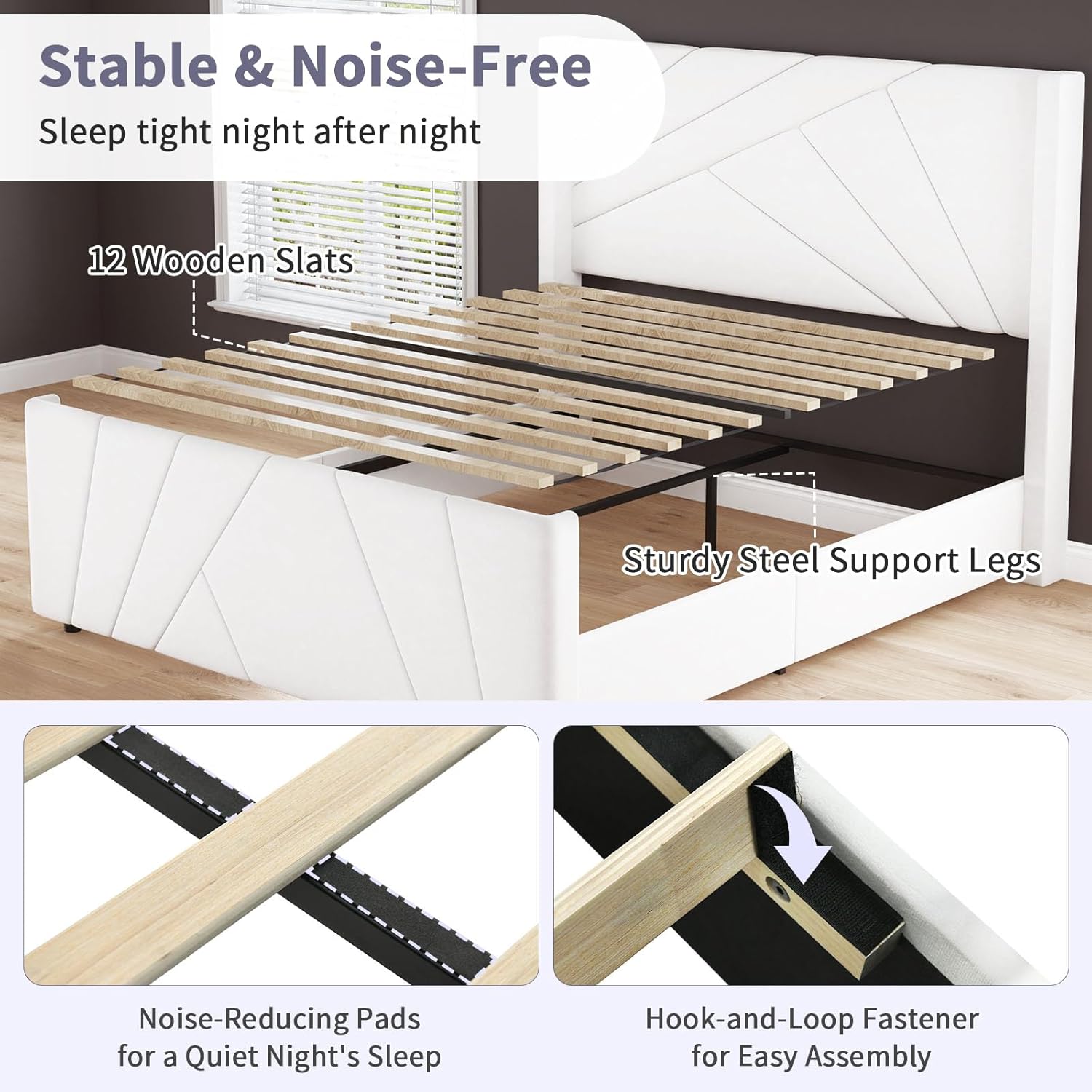 BarnFurin Marco de Cama Tamaño Queen, Cama Plataforma Tapizada en Terciopelo con Cabecero y Pie de Cama con Capitoné Geométrico, Diseño Wingback, Base para Colchón con Listones de Madera, Blanco Crema