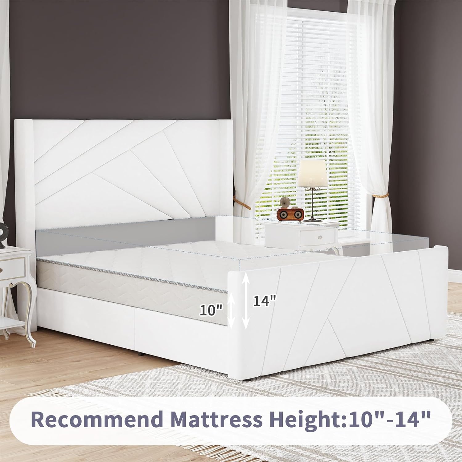 BarnFurin Marco de Cama Tamaño Queen, Cama Plataforma Tapizada en Terciopelo con Cabecero y Pie de Cama con Capitoné Geométrico, Diseño Wingback, Base para Colchón con Listones de Madera, Blanco Crema
