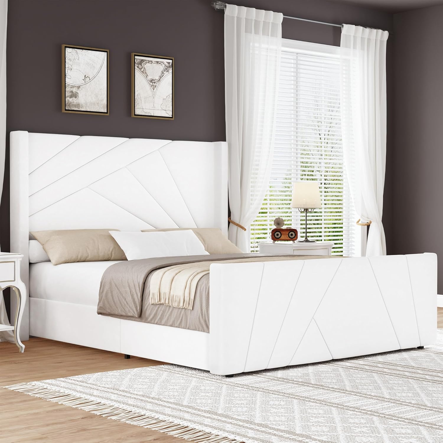 BarnFurin Marco de Cama Tamaño Queen, Cama Plataforma Tapizada en Terciopelo con Cabecero y Pie de Cama con Capitoné Geométrico, Diseño Wingback, Base para Colchón con Listones de Madera, Blanco Crema