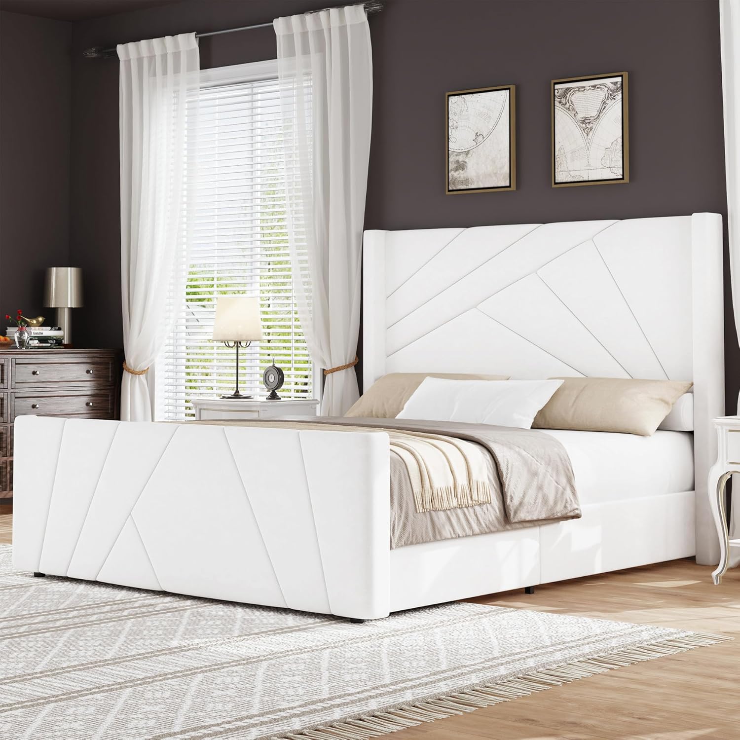 BarnFurin Marco de Cama Tamaño Queen, Cama Plataforma Tapizada en Terciopelo con Cabecero y Pie de Cama con Capitoné Geométrico, Diseño Wingback, Base para Colchón con Listones de Madera, Blanco Crema