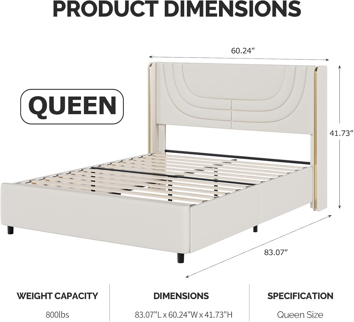 REVOMINCA Marco de cama tamaño Queen con luces LED, plataforma tapizada de piel sintética con cabecera de ala plateada, estilo moderno, no necesita somier, fácil montaje, color crema