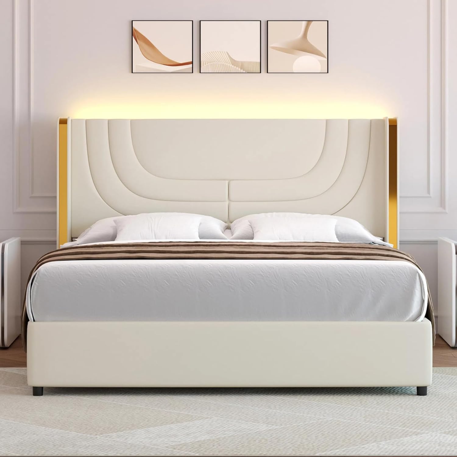 REVOMINCA Marco de cama tamaño Queen con luces LED, plataforma tapizada de piel sintética con cabecera de ala plateada, estilo moderno, no necesita somier, fácil montaje, color crema
