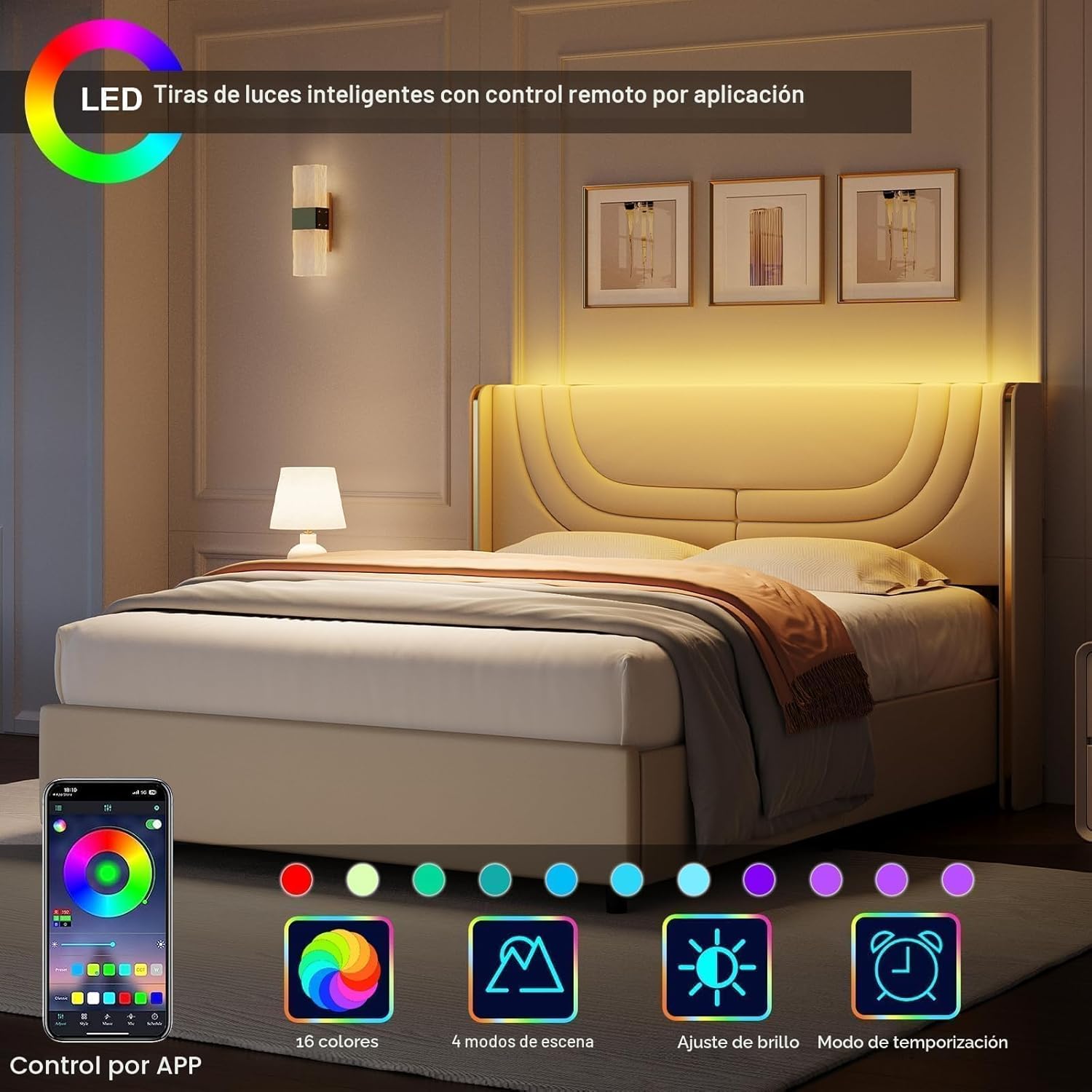 REVOMINCA Marco de cama tamaño Queen con luces LED, plataforma tapizada de piel sintética con cabecera de ala plateada, estilo moderno, no necesita somier, fácil montaje, color crema