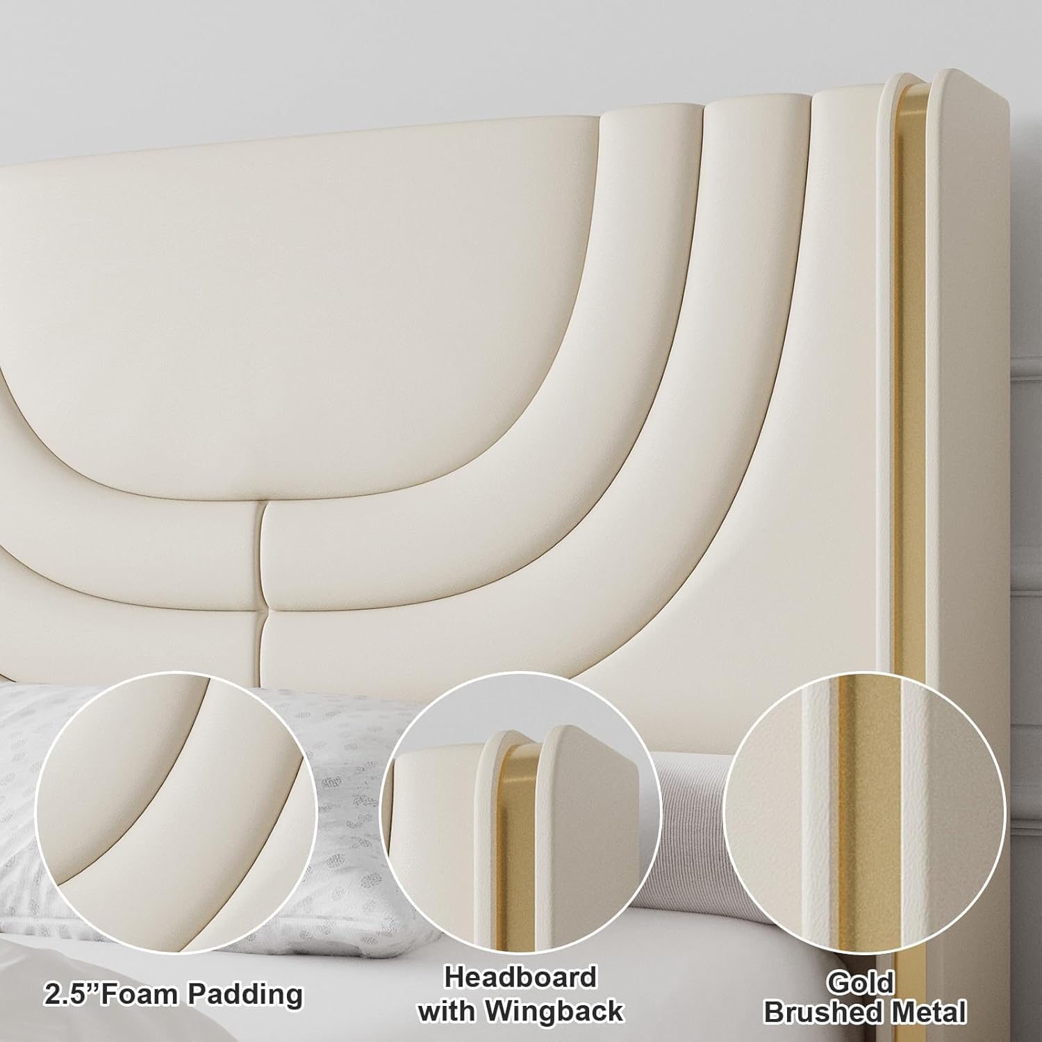 REVOMINCA Marco de cama tamaño Queen con luces LED, plataforma tapizada de piel sintética con cabecera de ala plateada, estilo moderno, no necesita somier, fácil montaje, color crema