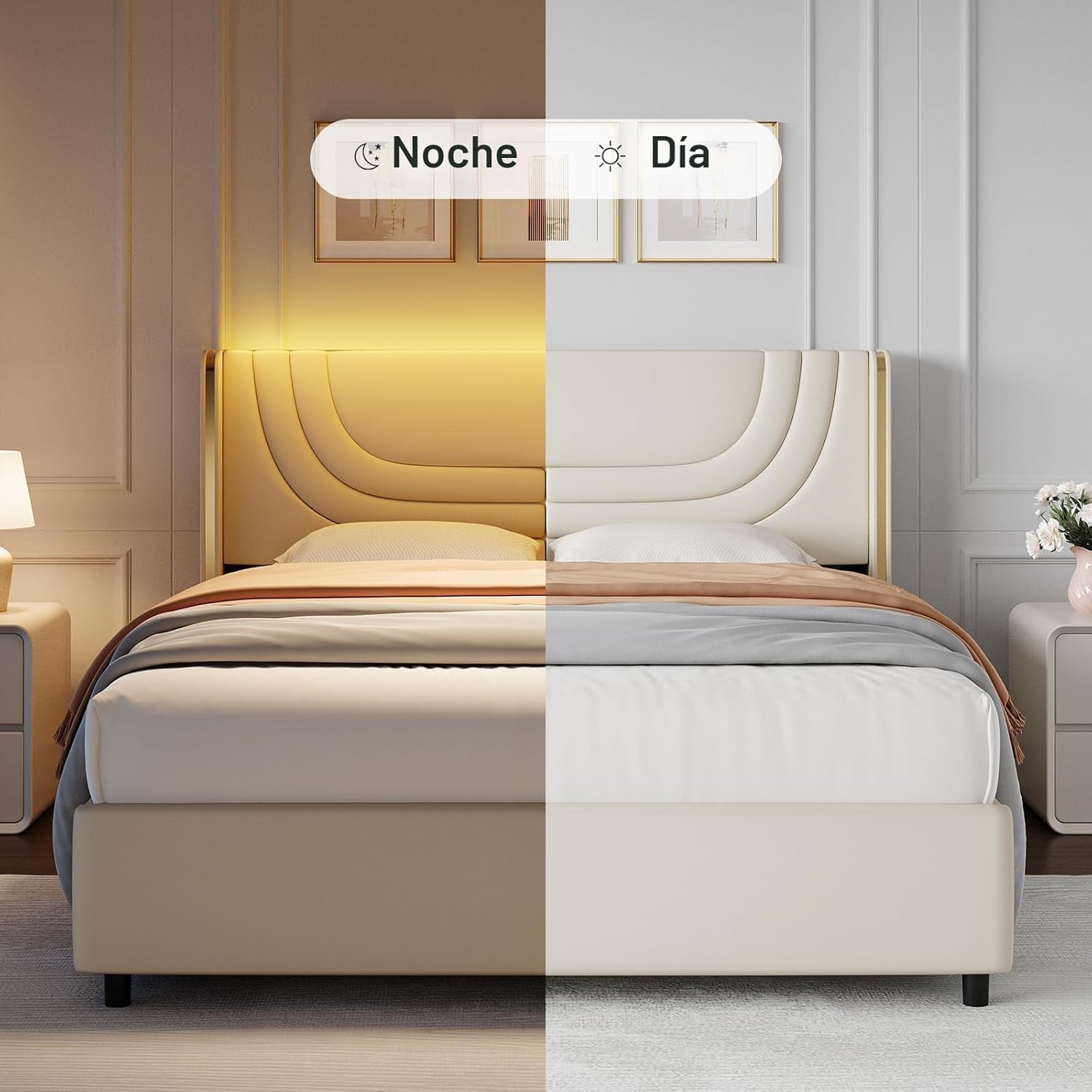REVOMINCA Marco de cama tamaño Queen con luces LED, plataforma tapizada de piel sintética con cabecera de ala plateada, estilo moderno, no necesita somier, fácil montaje, color crema