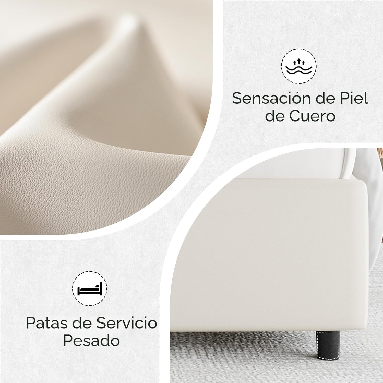 REVOMINCA Marco de cama tamaño Queen con luces LED, plataforma tapizada de piel sintética con cabecera de ala plateada, estilo moderno, no necesita somier, fácil montaje, color crema