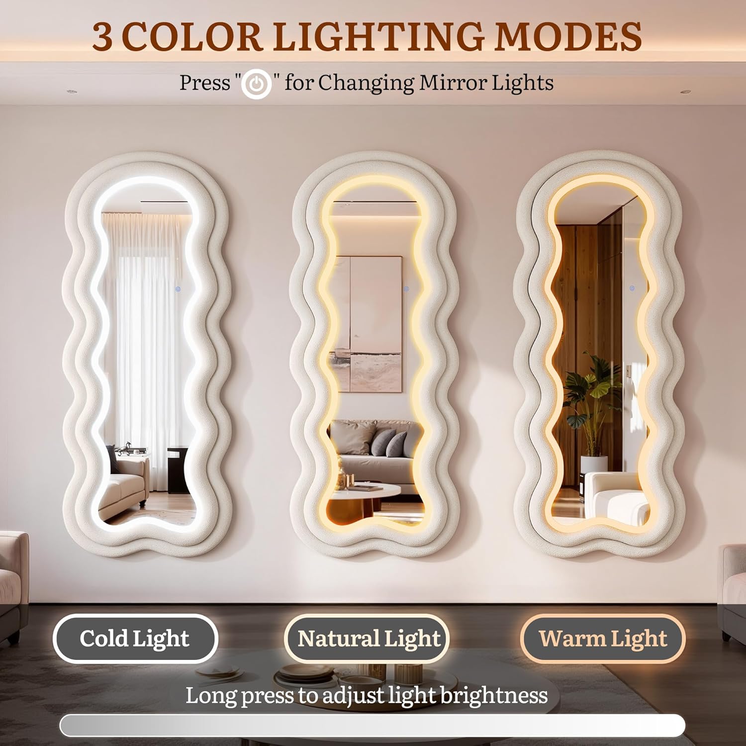 Espejo ondulado ondulado de longitud completa, 63 x 24 pulgadas, espejo de cuerpo completo irregular con luz ajustable de 3 colores, marco de terciopelo de peluche de lujo, espejo montado en la pared para sala de estar, dormitorio, vestidor