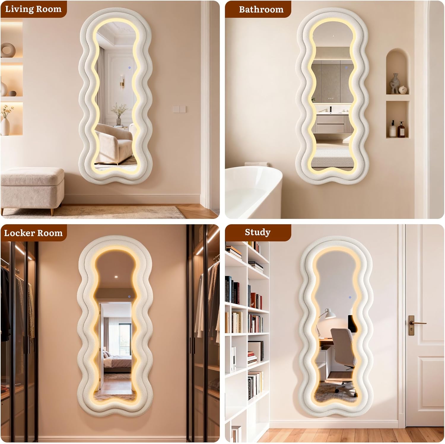 Espejo ondulado ondulado de longitud completa, 63 x 24 pulgadas, espejo de cuerpo completo irregular con luz ajustable de 3 colores, marco de terciopelo de peluche de lujo, espejo montado en la pared para sala de estar, dormitorio, vestidor