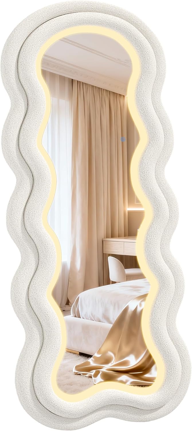 Espejo ondulado ondulado de longitud completa, 63 x 24 pulgadas, espejo de cuerpo completo irregular con luz ajustable de 3 colores, marco de terciopelo de peluche de lujo, espejo montado en la pared para sala de estar, dormitorio, vestidor
