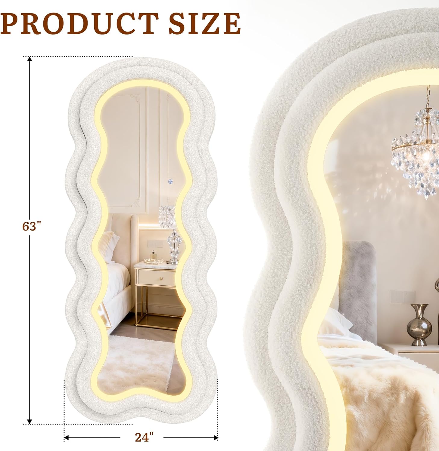 Espejo ondulado ondulado de longitud completa, 63 x 24 pulgadas, espejo de cuerpo completo irregular con luz ajustable de 3 colores, marco de terciopelo de peluche de lujo, espejo montado en la pared para sala de estar, dormitorio, vestidor