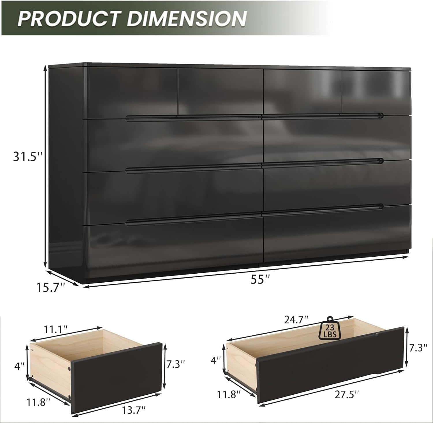 Cómoda Negra de 10 Cajones para Dormitorio, Cómoda de 55" de Largo Cofre de Cajones, Gabinete de Almacenamiento Moderno Grande de Alto Brillo con Cajones Grandes Sin Manijas, Sala de Estar