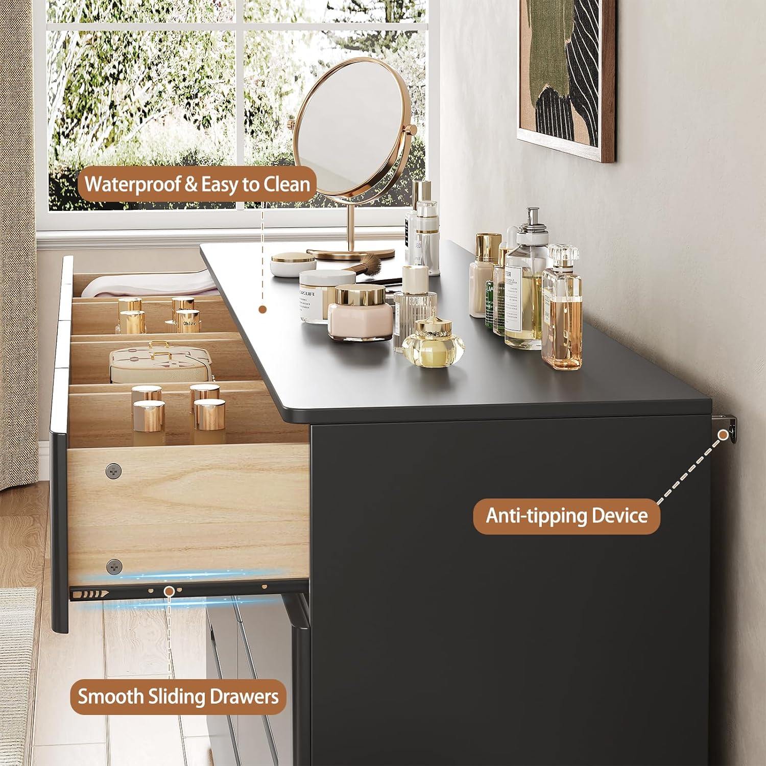 Cómoda Negra de 10 Cajones para Dormitorio, Cómoda de 55" de Largo Cofre de Cajones, Gabinete de Almacenamiento Moderno Grande de Alto Brillo con Cajones Grandes Sin Manijas, Sala de Estar