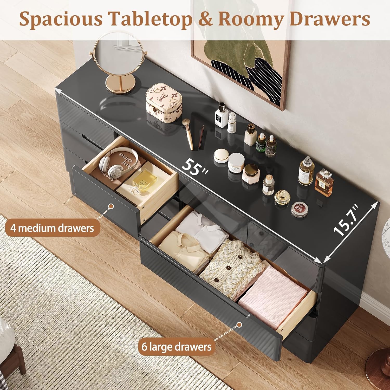 Cómoda Negra de 10 Cajones para Dormitorio, Cómoda de 55" de Largo Cofre de Cajones, Gabinete de Almacenamiento Moderno Grande de Alto Brillo con Cajones Grandes Sin Manijas, Sala de Estar