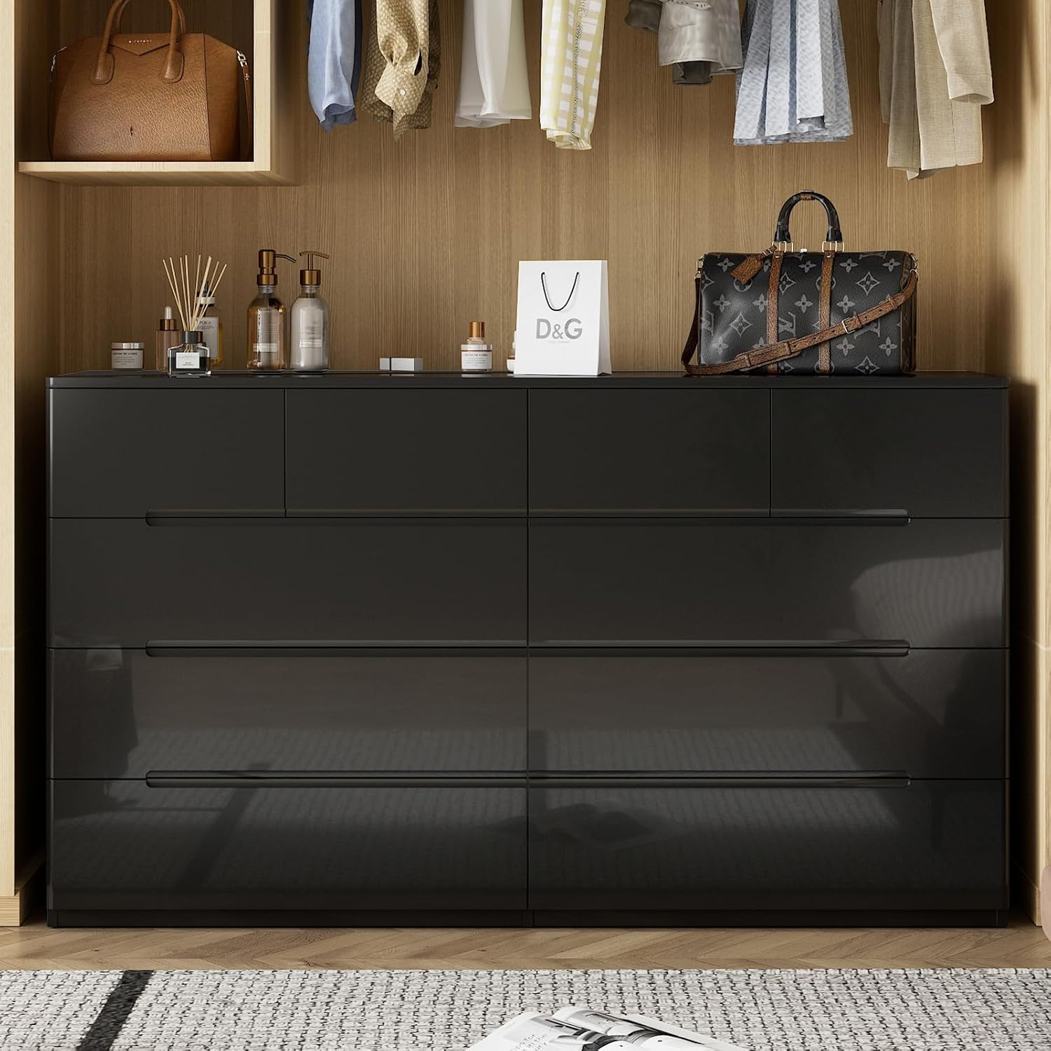 Cómoda Negra de 10 Cajones para Dormitorio, Cómoda de 55" de Largo Cofre de Cajones, Gabinete de Almacenamiento Moderno Grande de Alto Brillo con Cajones Grandes Sin Manijas, Sala de Estar