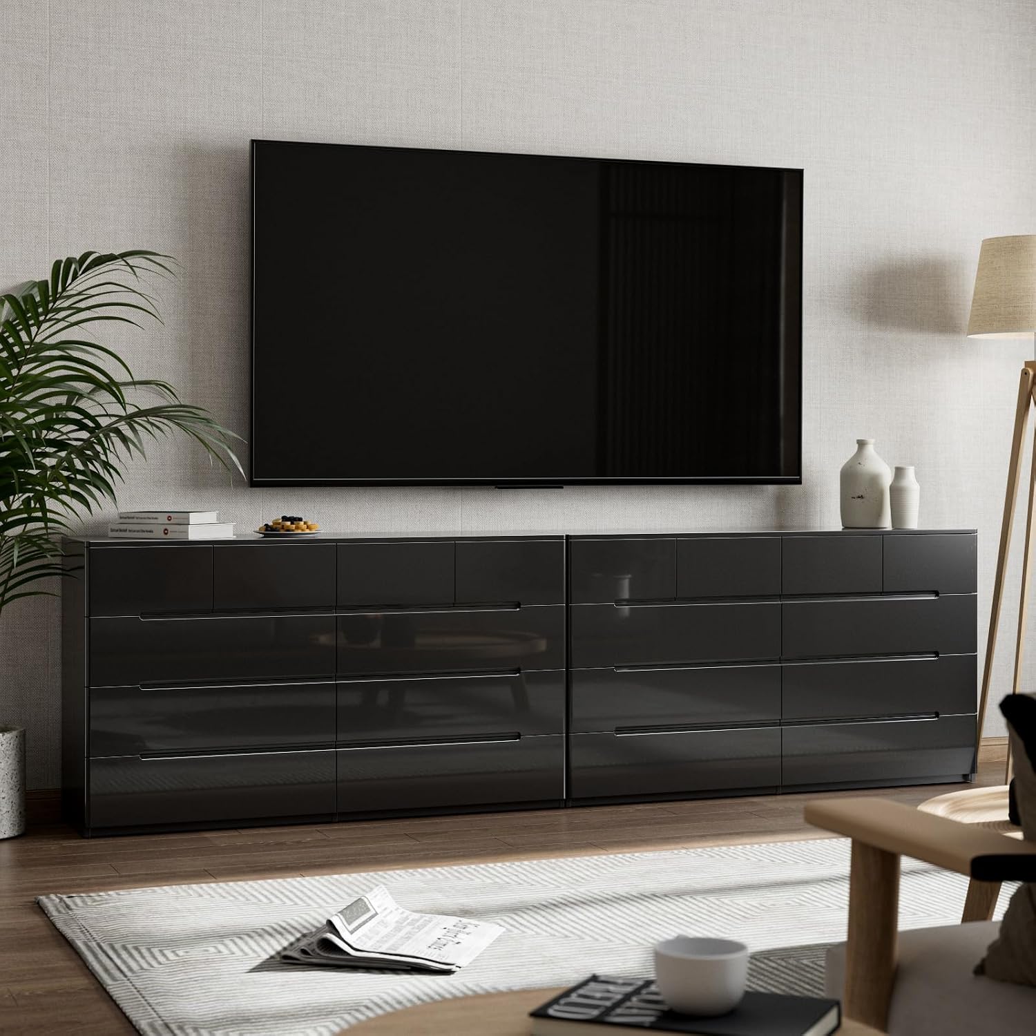 Cómoda Negra de 10 Cajones para Dormitorio, Cómoda de 55" de Largo Cofre de Cajones, Gabinete de Almacenamiento Moderno Grande de Alto Brillo con Cajones Grandes Sin Manijas, Sala de Estar