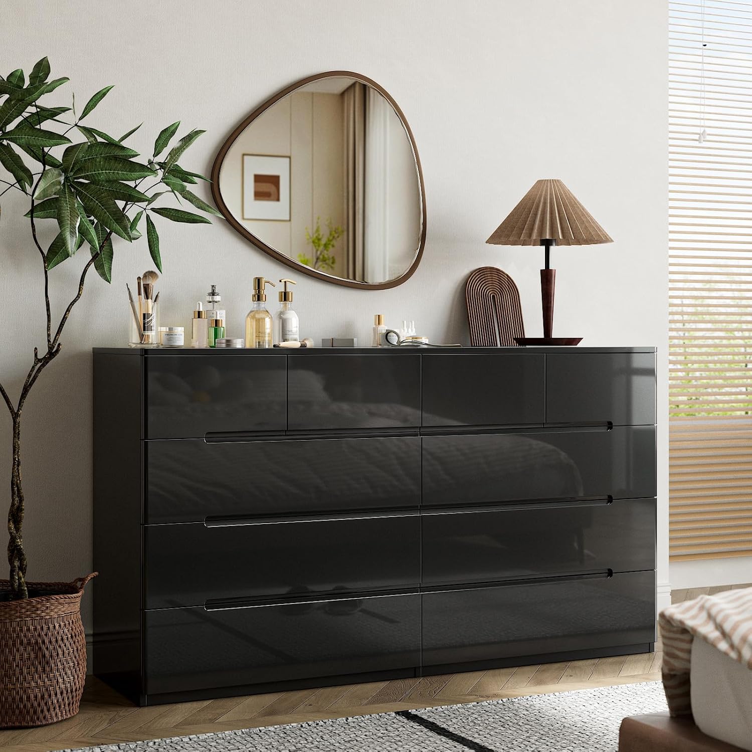 Cómoda Negra de 10 Cajones para Dormitorio, Cómoda de 55" de Largo Cofre de Cajones, Gabinete de Almacenamiento Moderno Grande de Alto Brillo con Cajones Grandes Sin Manijas, Sala de Estar