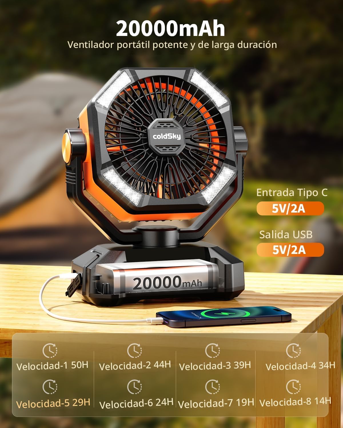 coldSky Ventilador de camping de 20,000 mAh con motor dual, ventilador operado con batería con 4 linternas LED, ventilador de escritorio de 8 velocidades con control remoto, ventilador portátil para
