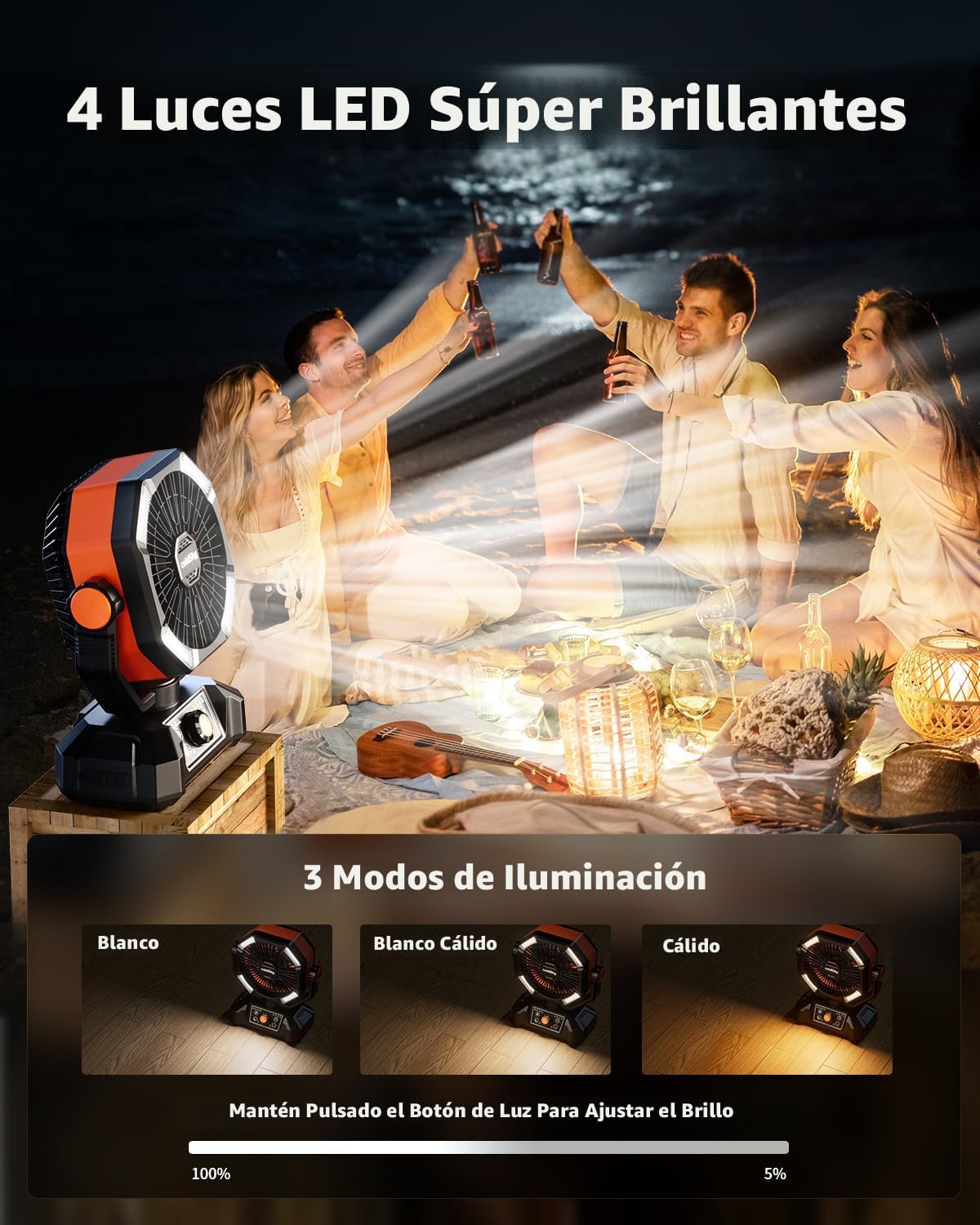 coldSky Ventilador de camping de 20,000 mAh con motor dual, ventilador operado con batería con 4 linternas LED, ventilador de escritorio de 8 velocidades con control remoto, ventilador portátil para