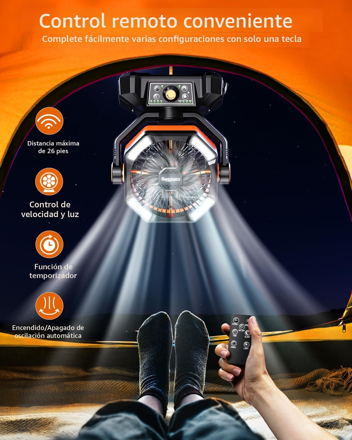 coldSky Ventilador de camping de 20,000 mAh con motor dual, ventilador operado con batería con 4 linternas LED, ventilador de escritorio de 8 velocidades con control remoto, ventilador portátil para