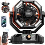 coldSky Ventilador de camping de 20,000 mAh con motor dual, ventilador operado con batería con 4 linternas LED, ventilador de escritorio de 8 velocidades con control remoto, ventilador portátil para
