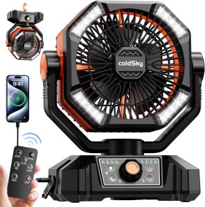 coldSky Ventilador de camping de 20,000 mAh con motor dual, ventilador operado con batería con 4 linternas LED, ventilador de escritorio de 8 velocidades con control remoto, ventilador portátil para
