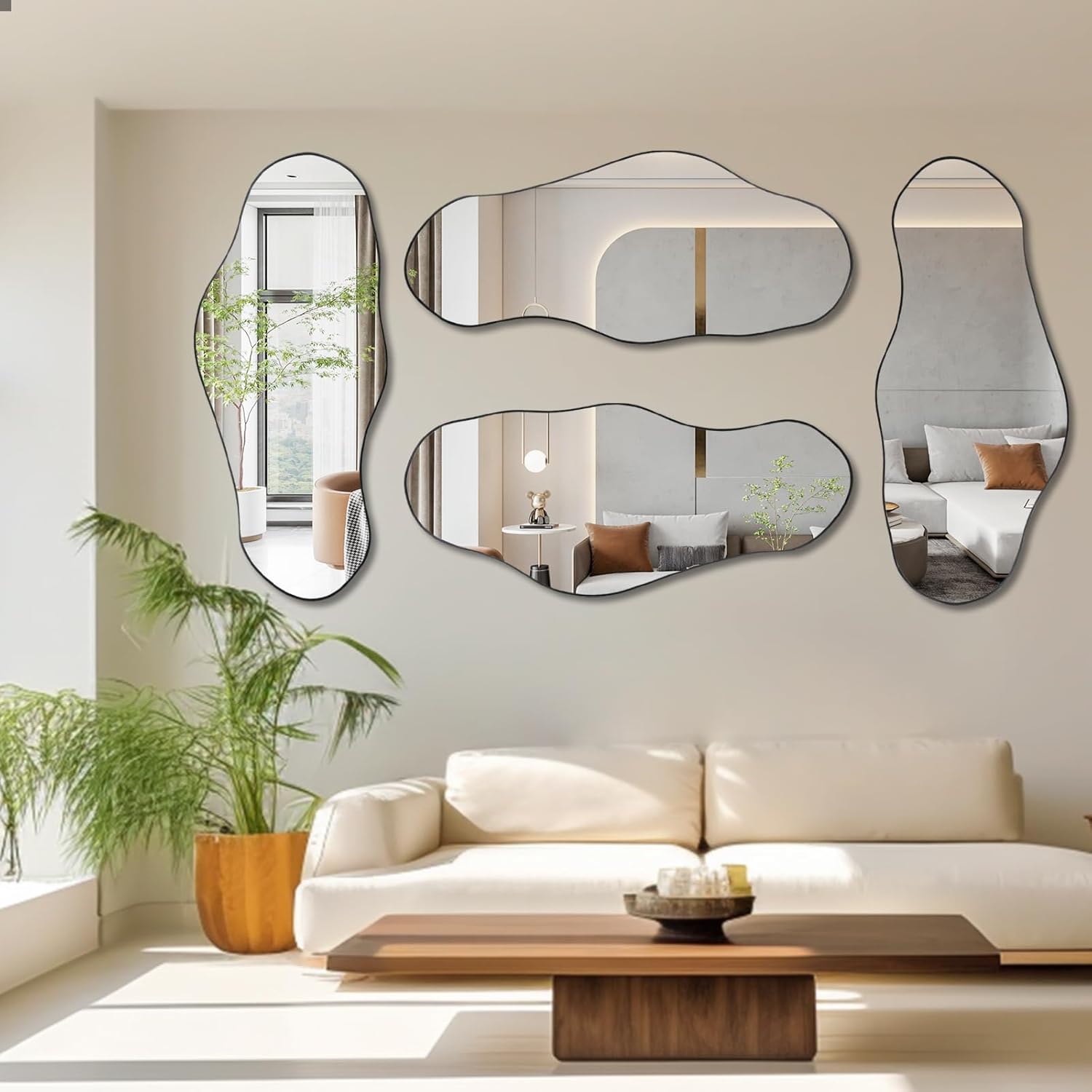 Espejo irregular grande, espejo de pared asimétrico de 47.2 x 21.4 pulgadas, espejos de forma única, modernos espejos abstractos sin marco para sala de estar, baño, dormitorio, entrada