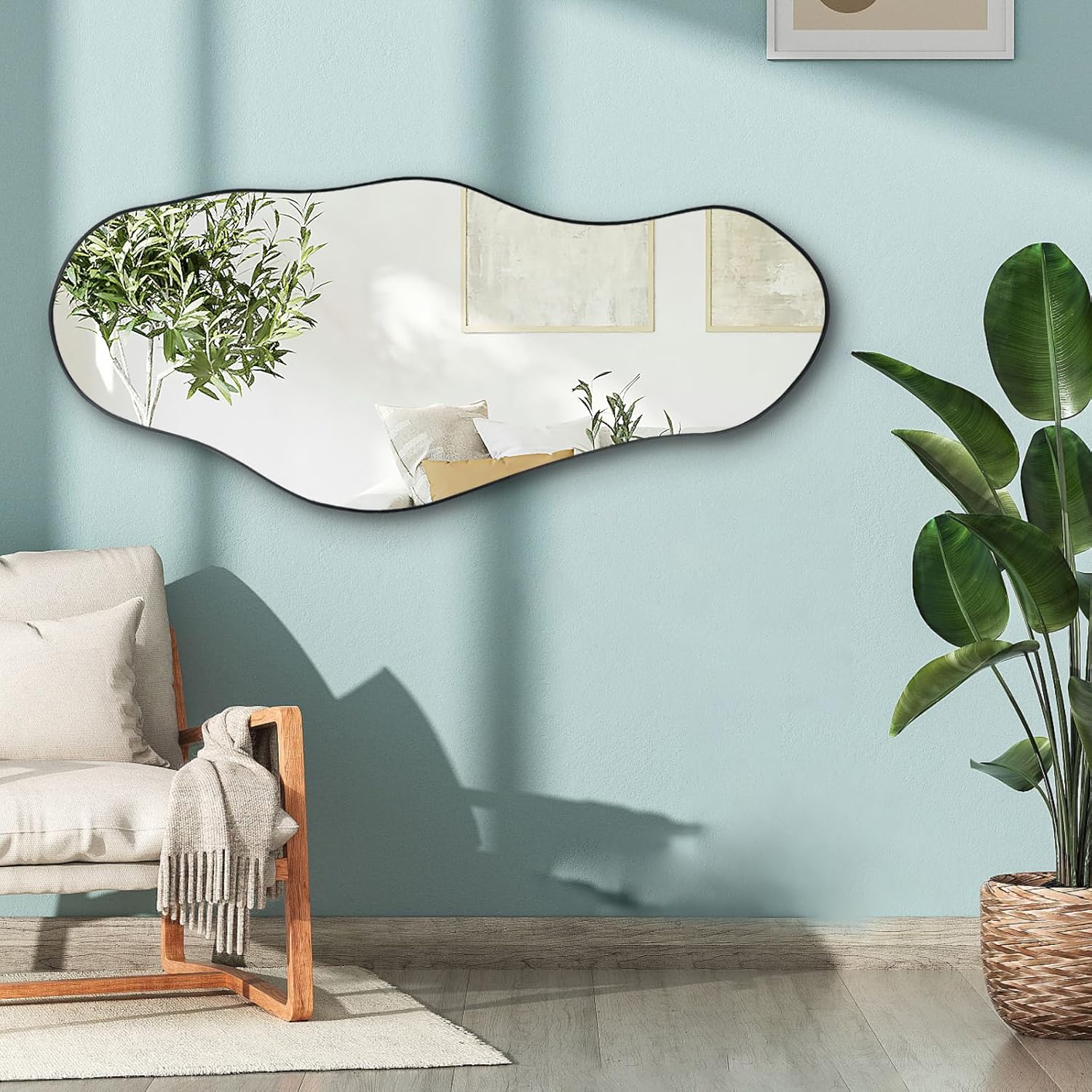 Espejo irregular grande, espejo de pared asimétrico de 47.2 x 21.4 pulgadas, espejos de forma única, modernos espejos abstractos sin marco para sala de estar, baño, dormitorio, entrada