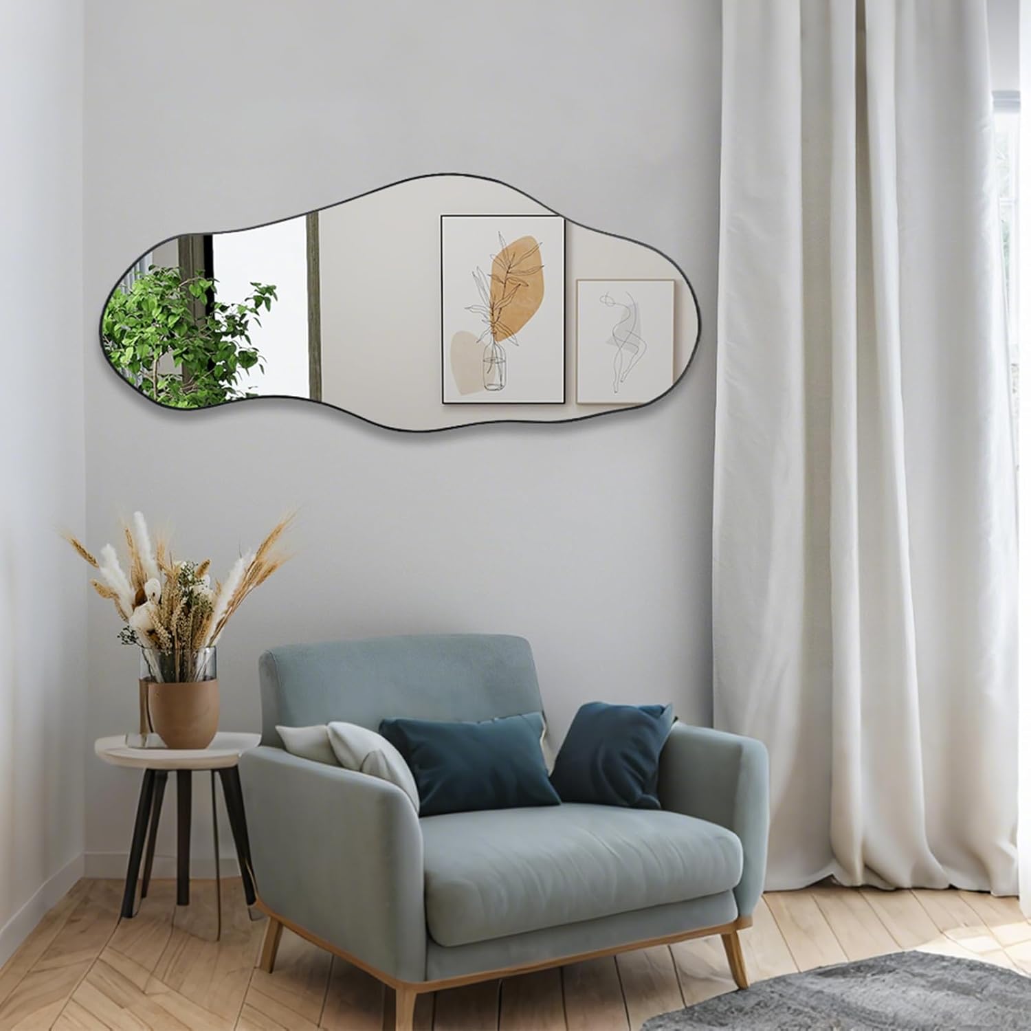 Espejo irregular grande, espejo de pared asimétrico de 47.2 x 21.4 pulgadas, espejos de forma única, modernos espejos abstractos sin marco para sala de estar, baño, dormitorio, entrada