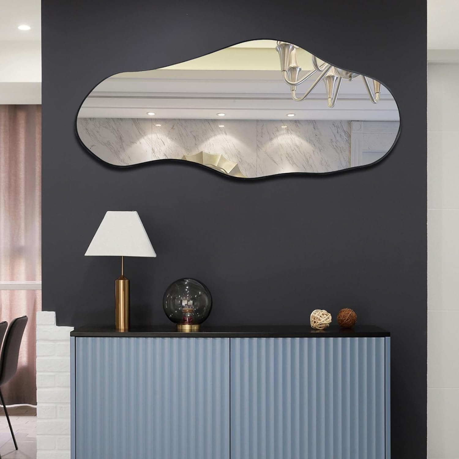 Espejo irregular grande, espejo de pared asimétrico de 47.2 x 21.4 pulgadas, espejos de forma única, modernos espejos abstractos sin marco para sala de estar, baño, dormitorio, entrada