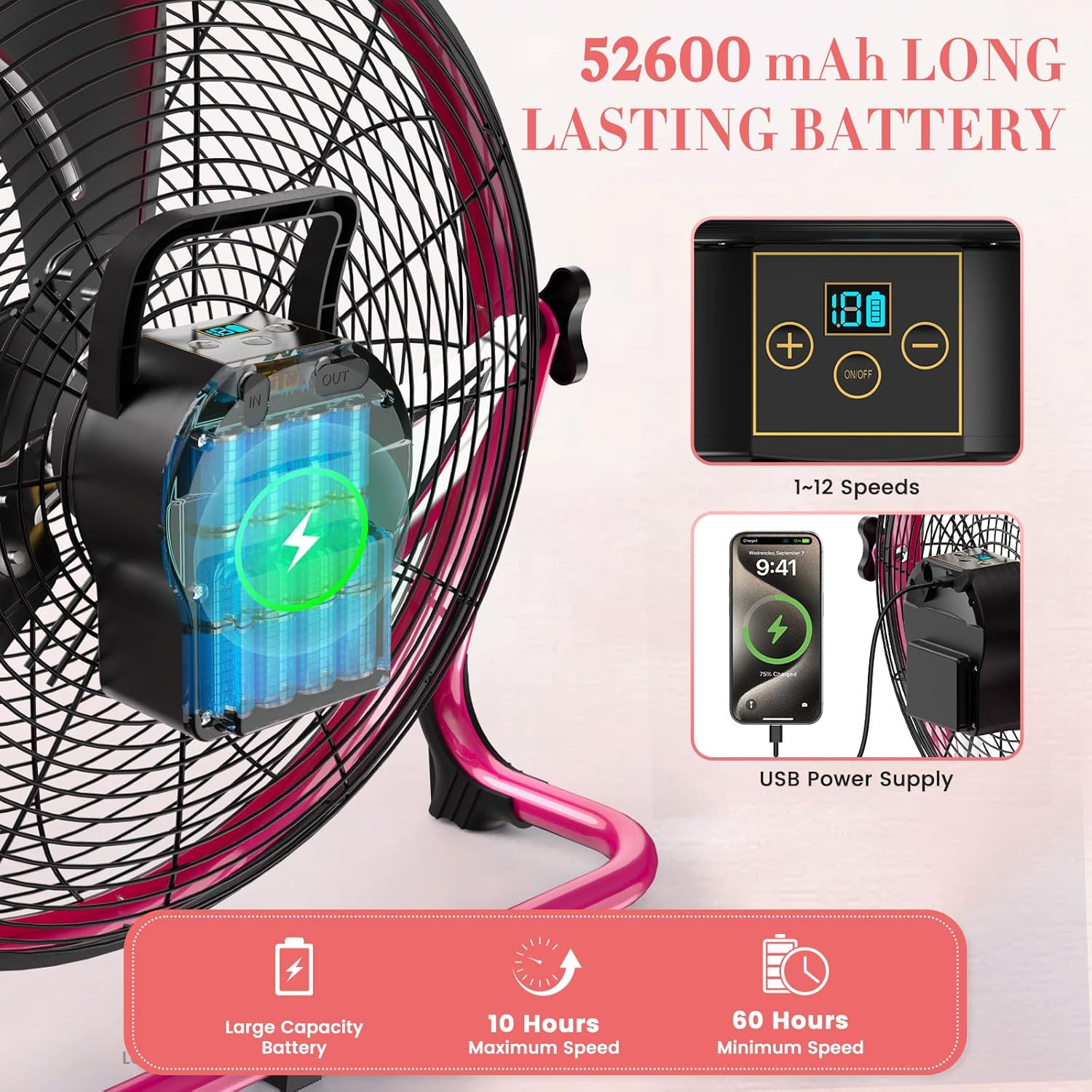 Ventilador portátil de 18 pulgadas, funciona con pilas, ventilador de campamento inalámbrico recargable para exteriores, salida USB, inclinación de 360°, tiempo de funcionamiento de 10 ~ 60 horas, silencioso, inalámbrico, hoja de metal, para viajes, glori