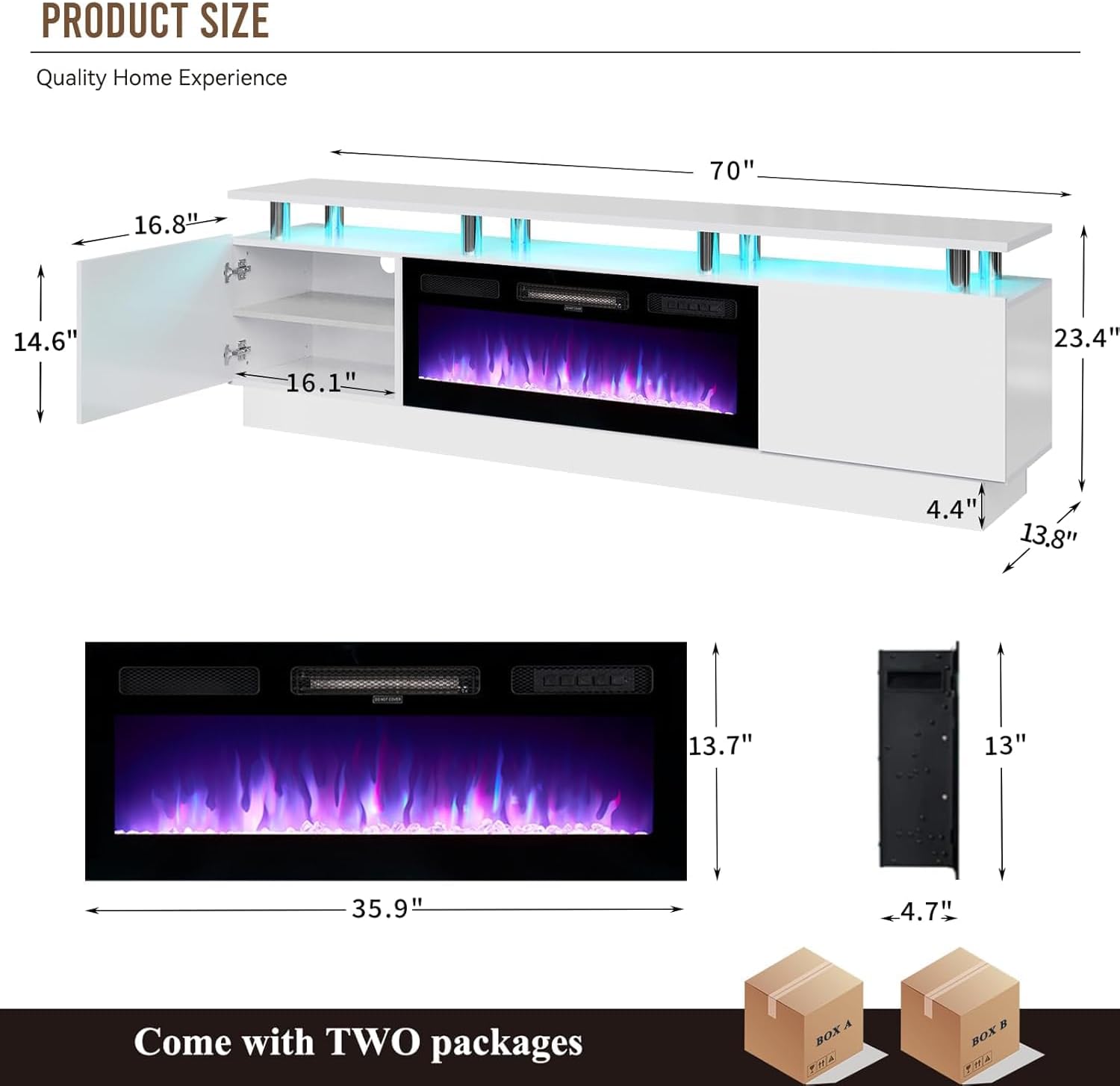 Multimuebles de TV con chimenea eléctrica de 36 pulgadas, centro de entretenimiento con luz LED, soporte de consola de TV de 2 niveles para televisores de hasta 80 pulgadas, chimenea para el