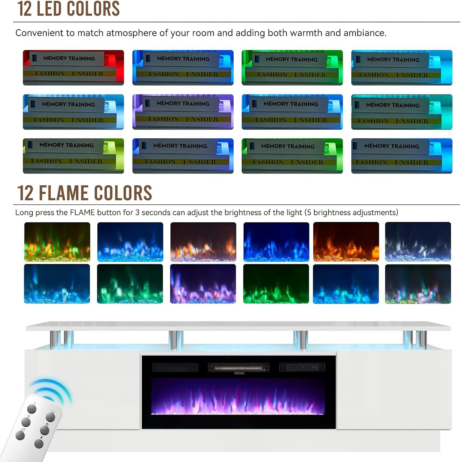 Multimuebles de TV con chimenea eléctrica de 36 pulgadas, centro de entretenimiento con luz LED, soporte de consola de TV de 2 niveles para televisores de hasta 80 pulgadas, chimenea para el