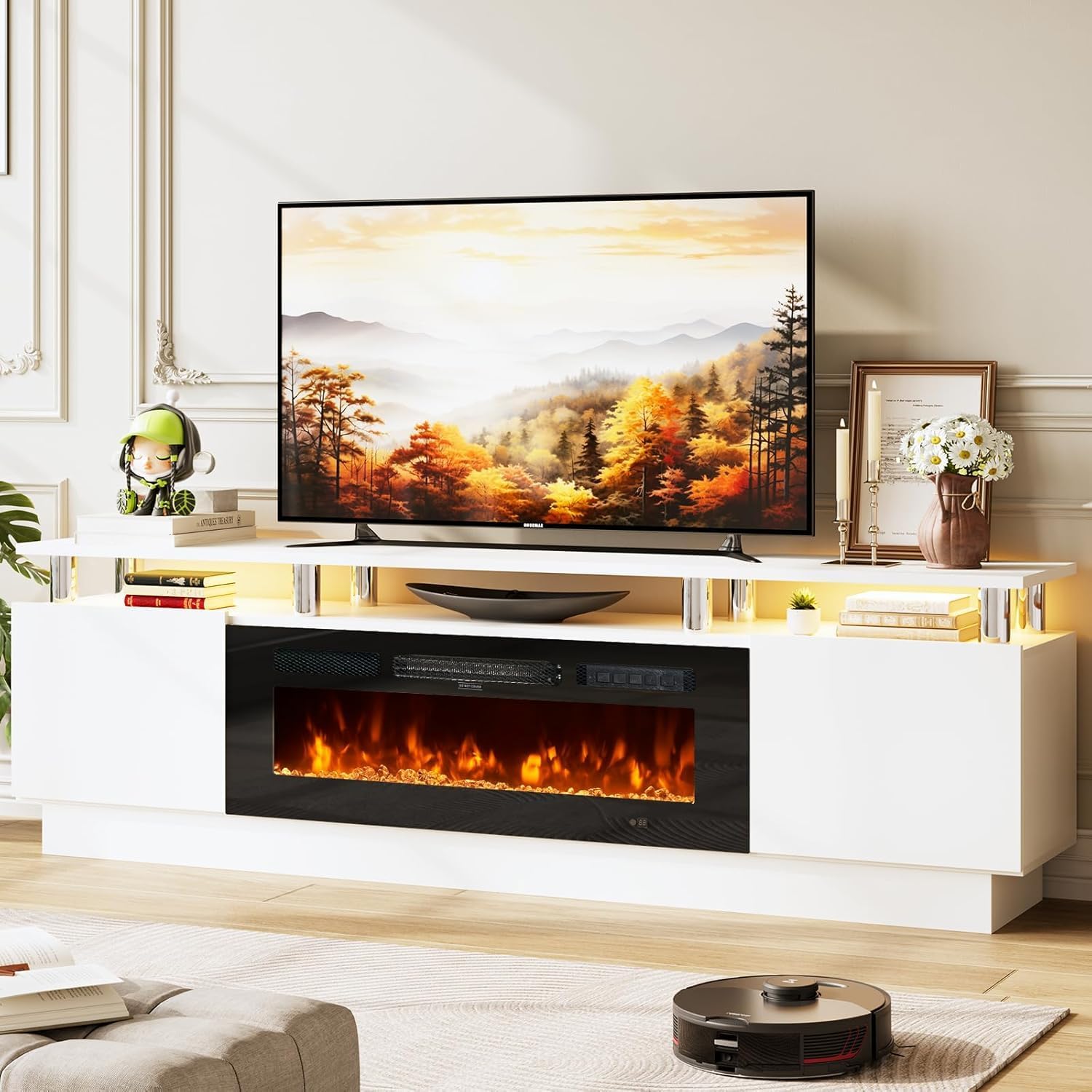 Multimuebles de TV con chimenea eléctrica de 36 pulgadas, centro de entretenimiento con luz LED, soporte de consola de TV de 2 niveles para televisores de hasta 80 pulgadas, chimenea para el