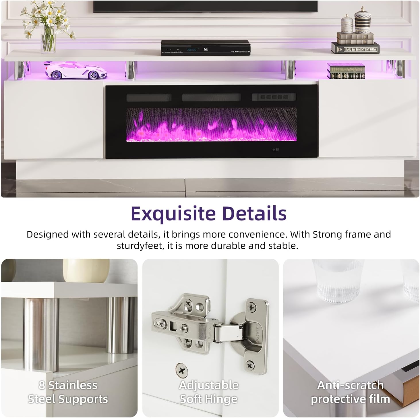 Multimuebles de TV con chimenea eléctrica de 36 pulgadas, centro de entretenimiento con luz LED, soporte de consola de TV de 2 niveles para televisores de hasta 80 pulgadas, chimenea para el