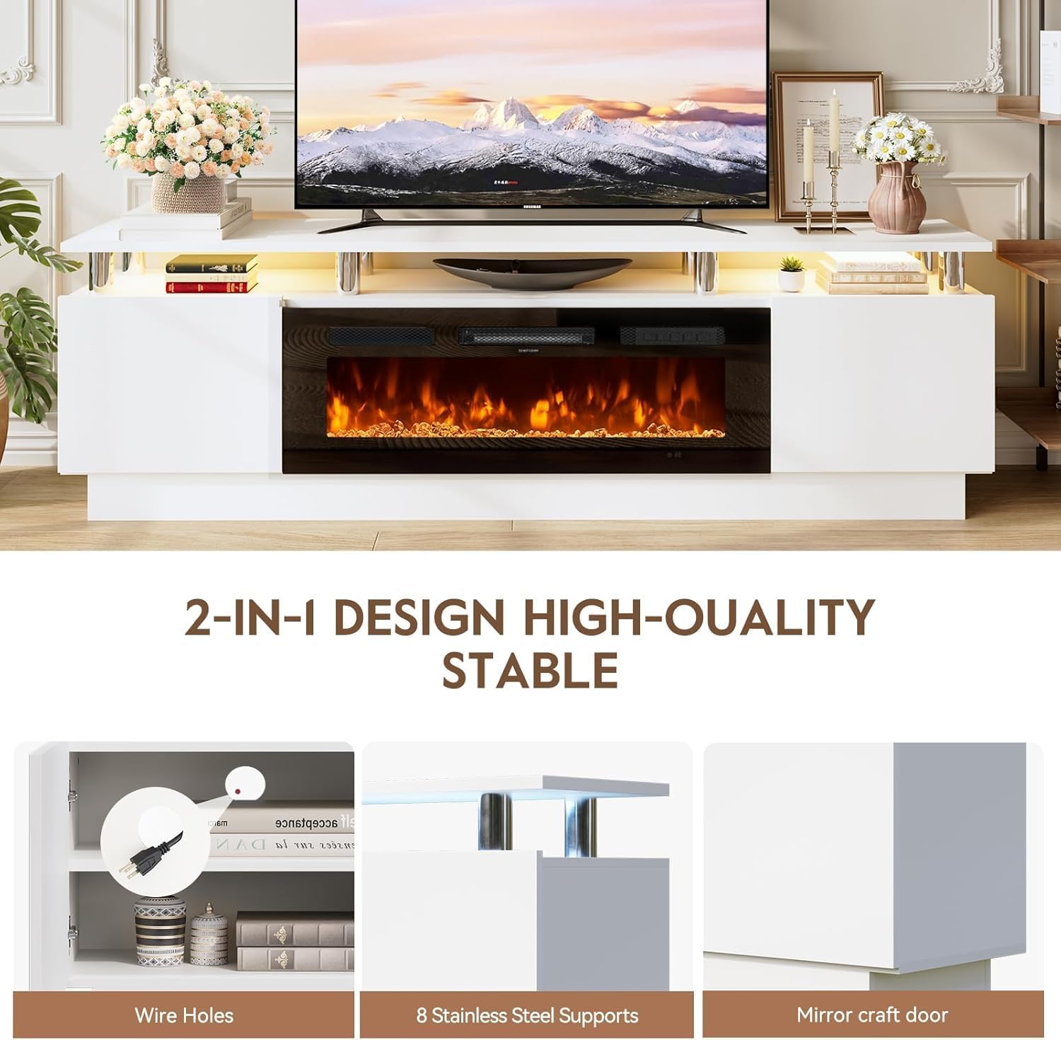 Multimuebles de TV con chimenea eléctrica de 36 pulgadas, centro de entretenimiento con luz LED, soporte de consola de TV de 2 niveles para televisores de hasta 80 pulgadas, chimenea para el