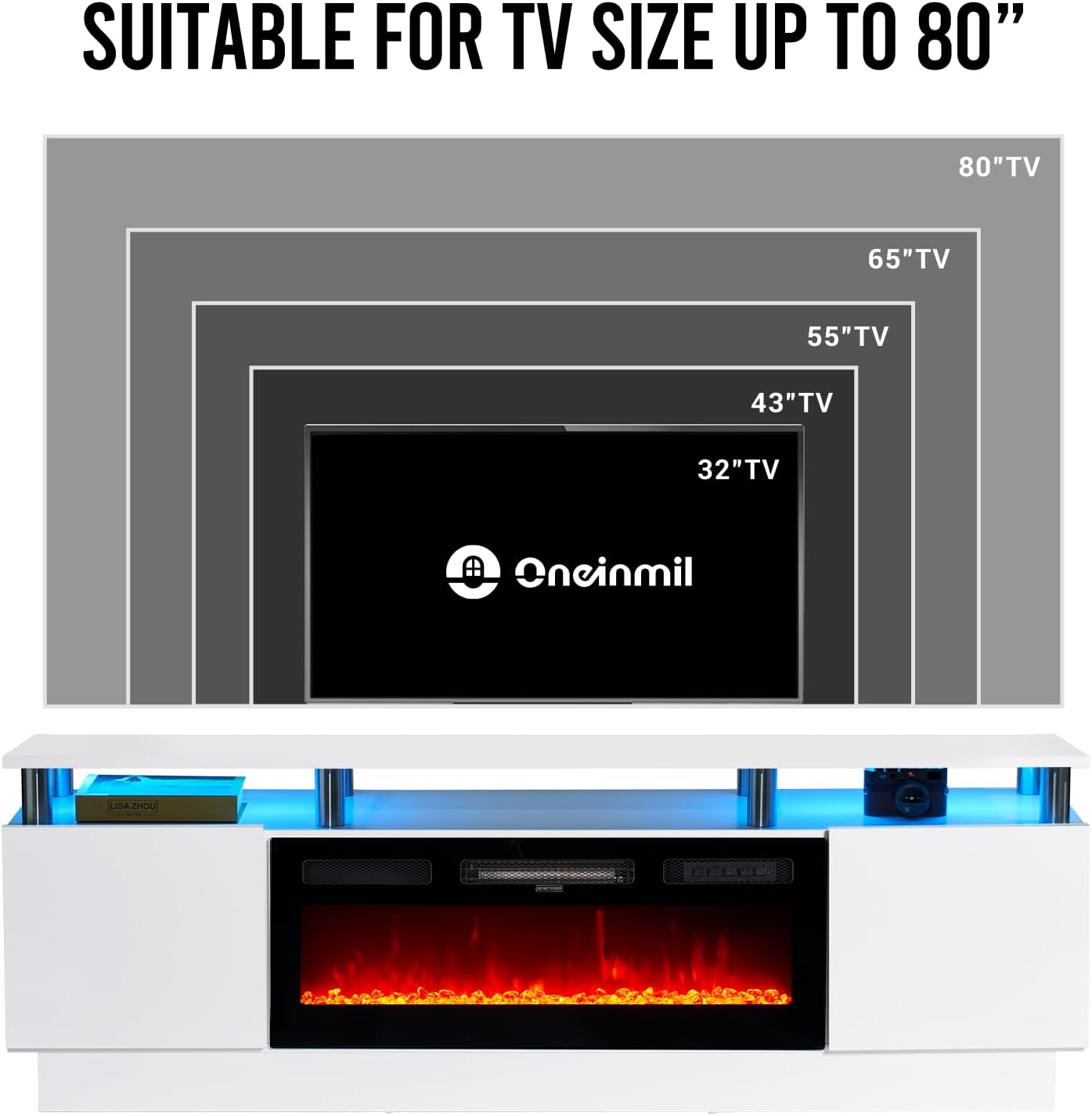 Multimuebles de TV con chimenea eléctrica de 36 pulgadas, centro de entretenimiento con luz LED, soporte de consola de TV de 2 niveles para televisores de hasta 80 pulgadas, chimenea para el