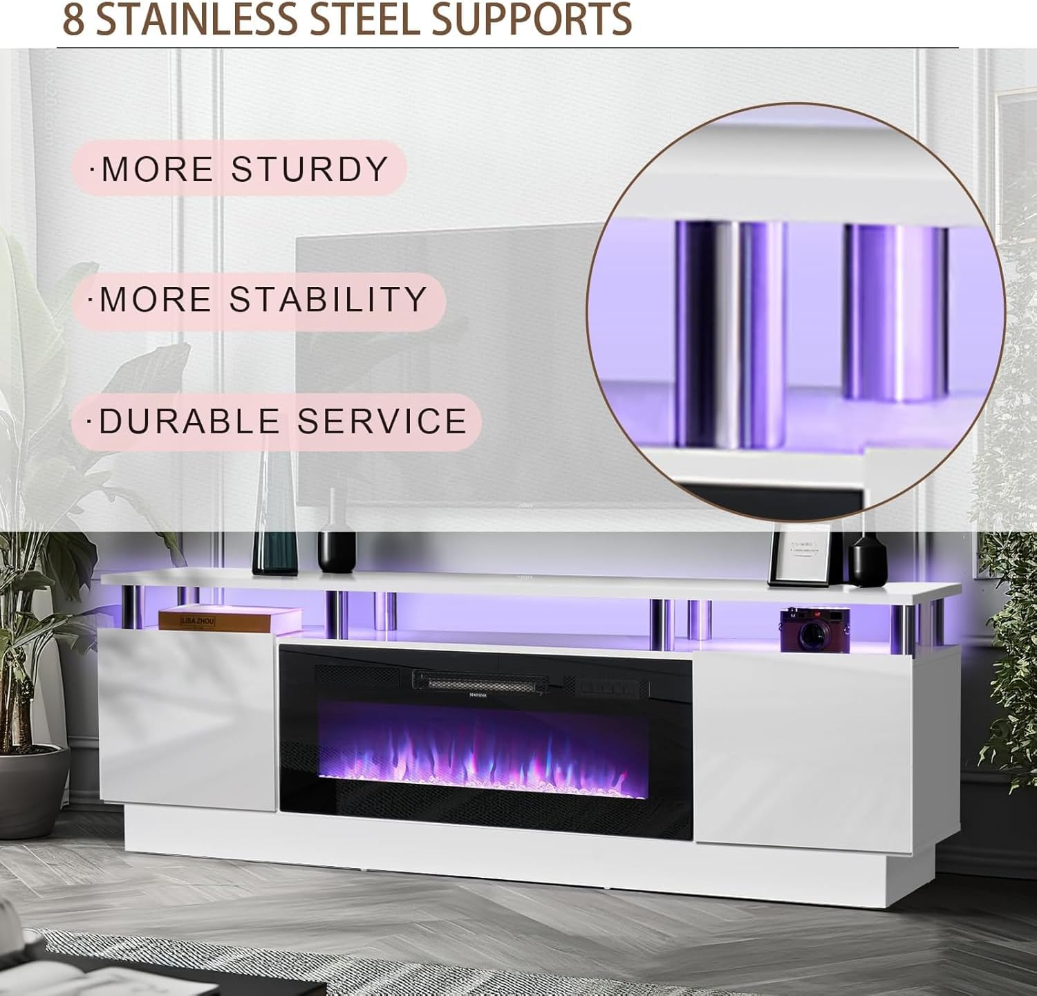 Multimuebles de TV con chimenea eléctrica de 36 pulgadas, centro de entretenimiento con luz LED, soporte de consola de TV de 2 niveles para televisores de hasta 80 pulgadas, chimenea para el