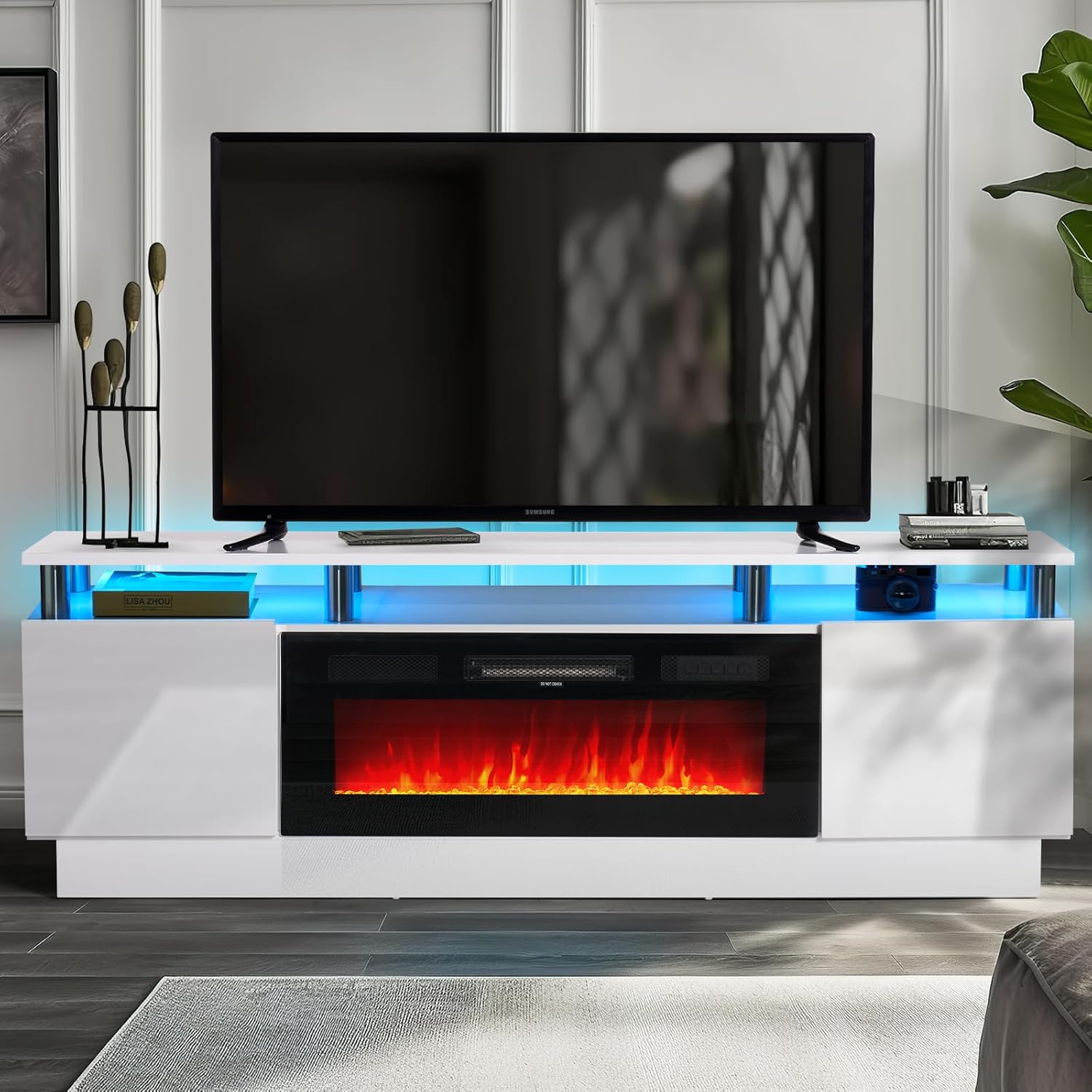 Multimuebles de TV con chimenea eléctrica de 36 pulgadas, centro de entretenimiento con luz LED, soporte de consola de TV de 2 niveles para televisores de hasta 80 pulgadas, chimenea para el
