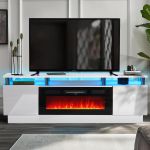 Multimuebles de TV con chimenea eléctrica de 36 pulgadas, centro de entretenimiento con luz LED, soporte de consola de TV de 2 niveles para televisores de hasta 80 pulgadas, chimenea para el