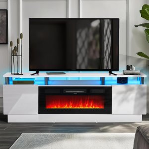 Multimuebles de TV con chimenea eléctrica de 36 pulgadas, centro de entretenimiento con luz LED, soporte de consola de TV de 2 niveles para televisores de hasta 80 pulgadas, chimenea para el
