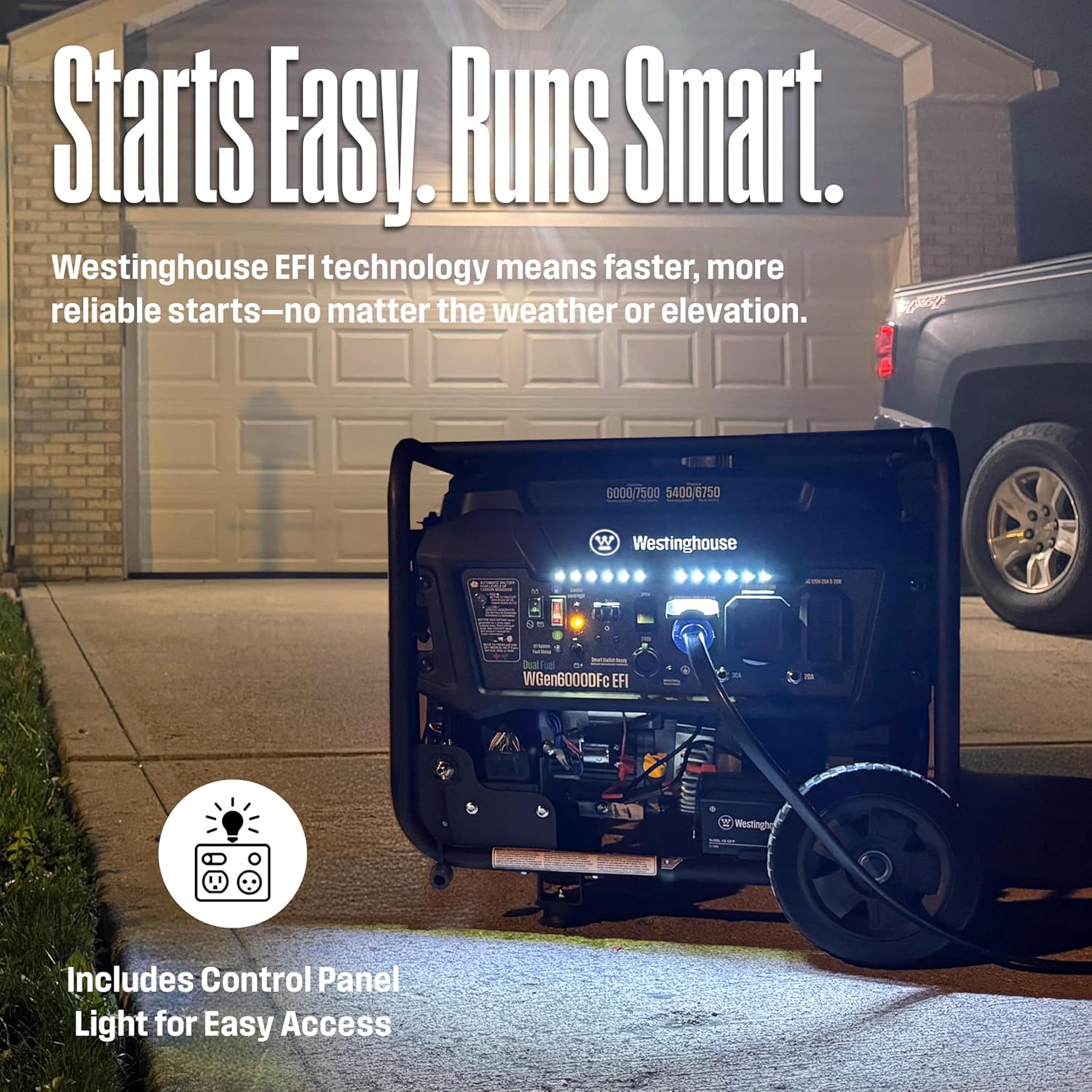 Westinghouse - Generador portátil de respaldo para el hogar de 7500 W pico EFI de combustible dual, arranque eléctrico remoto, conmutador de transferencia listo, alimentado por gas y propano, sensor