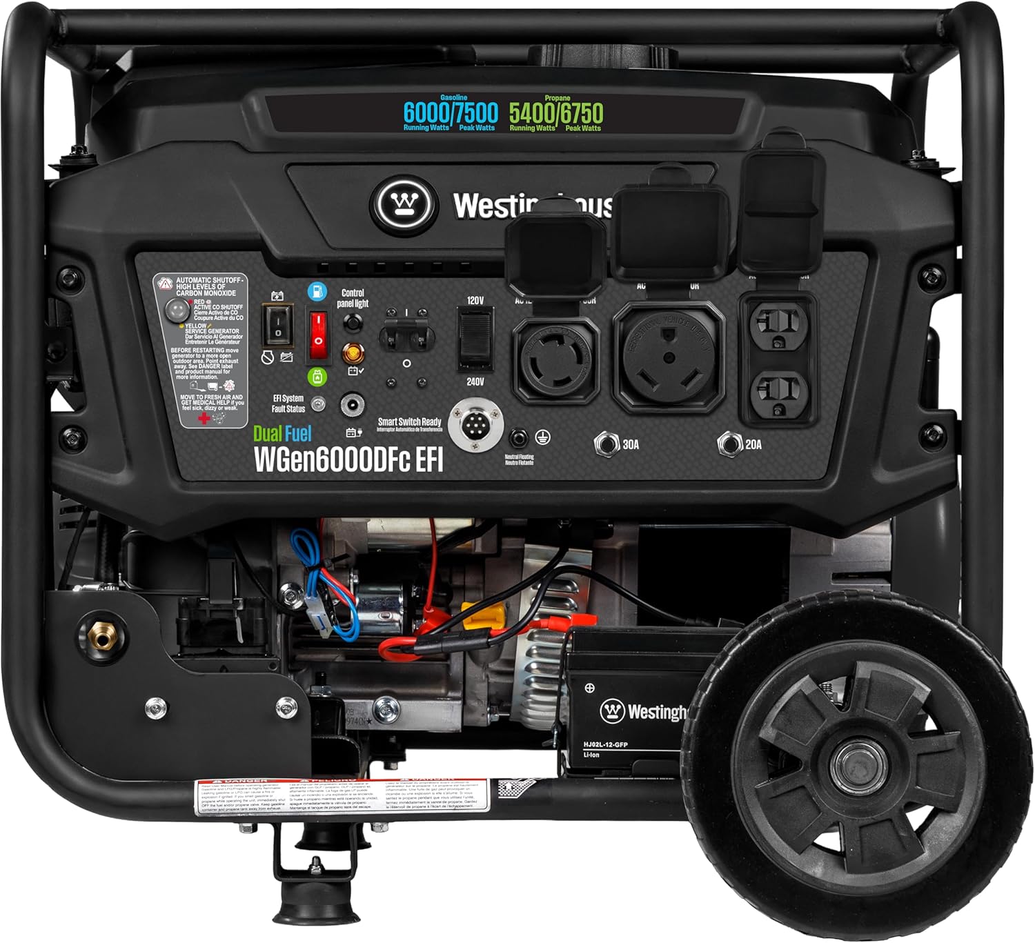 Westinghouse - Generador portátil de respaldo para el hogar de 7500 W pico EFI de combustible dual, arranque eléctrico remoto, conmutador de transferencia listo, alimentado por gas y propano, sensor