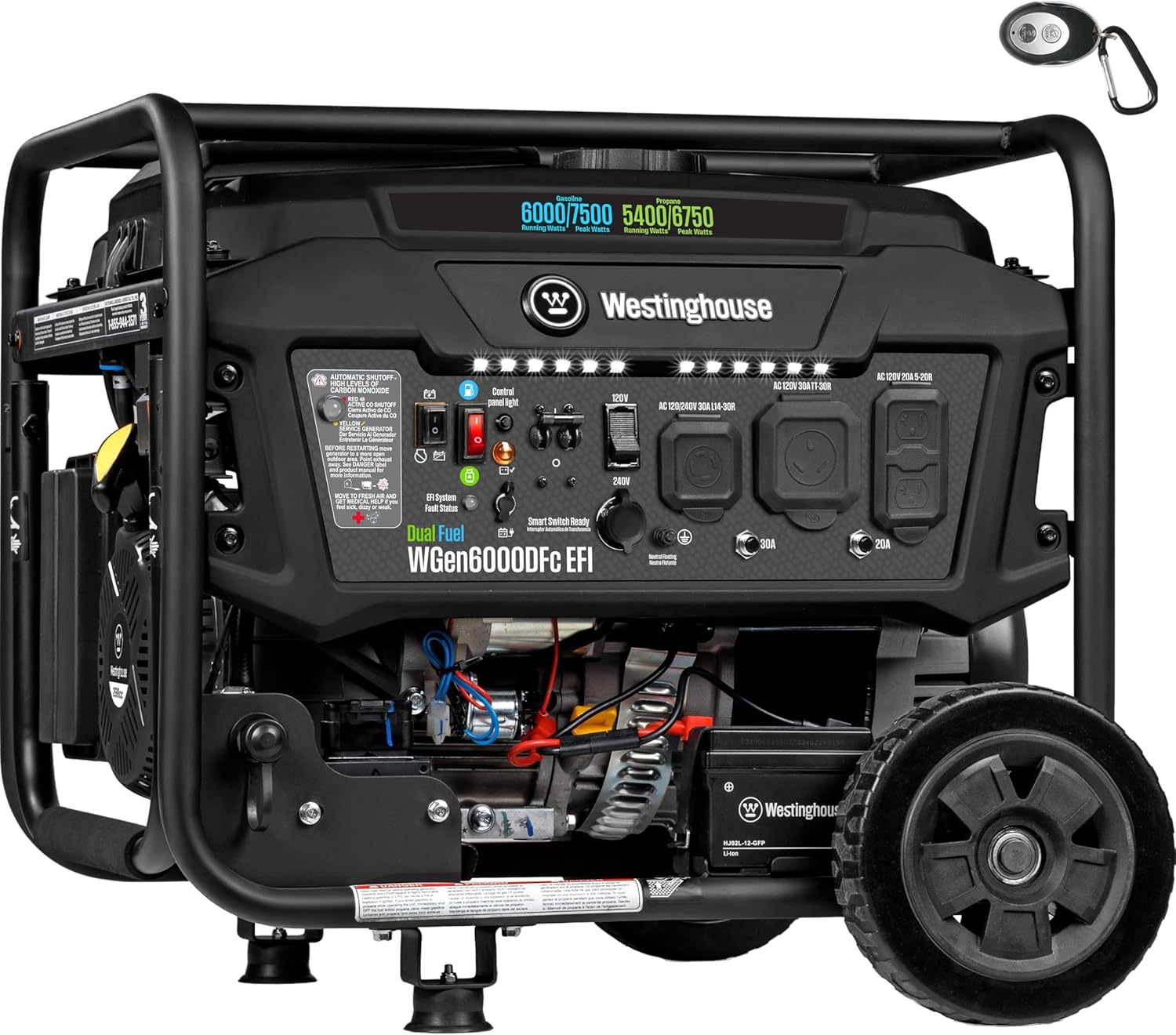 Westinghouse - Generador portátil de respaldo para el hogar de 7500 W pico EFI de combustible dual, arranque eléctrico remoto, conmutador de transferencia listo, alimentado por gas y propano, sensor