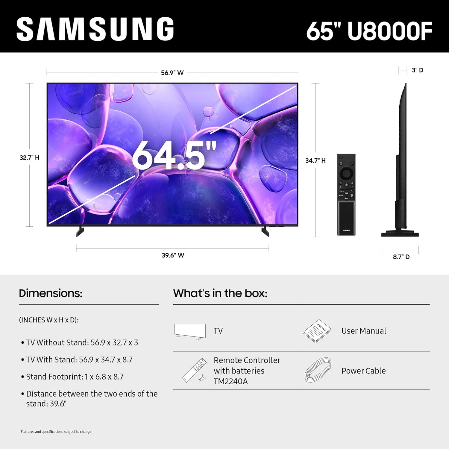 Samsung TV Inteligente Crystal UHD U8000F 4K de 65 Pulgadas Clase  Contenido Gratuito Infinito, Procesador Crystal 4K, Diseño MetalStream, Seguridad Knox, Alexa Integrado