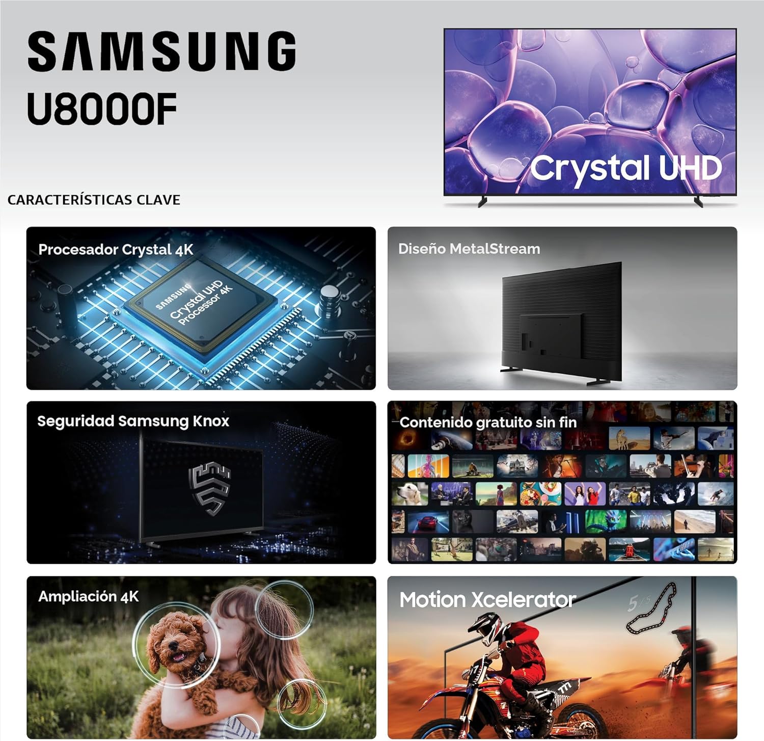 Samsung TV Inteligente Crystal UHD U8000F 4K de 65 Pulgadas Clase  Contenido Gratuito Infinito, Procesador Crystal 4K, Diseño MetalStream, Seguridad Knox, Alexa Integrado