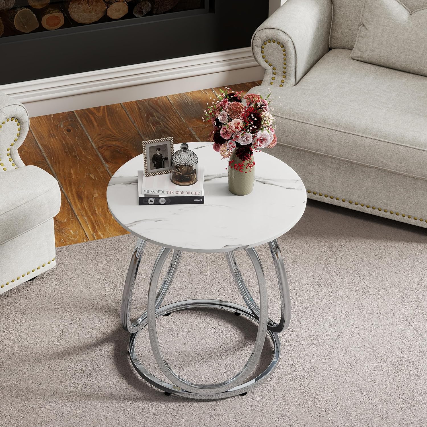 O&K FURNITURE Mesa auxiliar plateada, mesa auxiliar redonda con vetas de mármol sintético, mesita de noche moderna para dormitorio, sala de estar, oficina en casa, 1 unidad