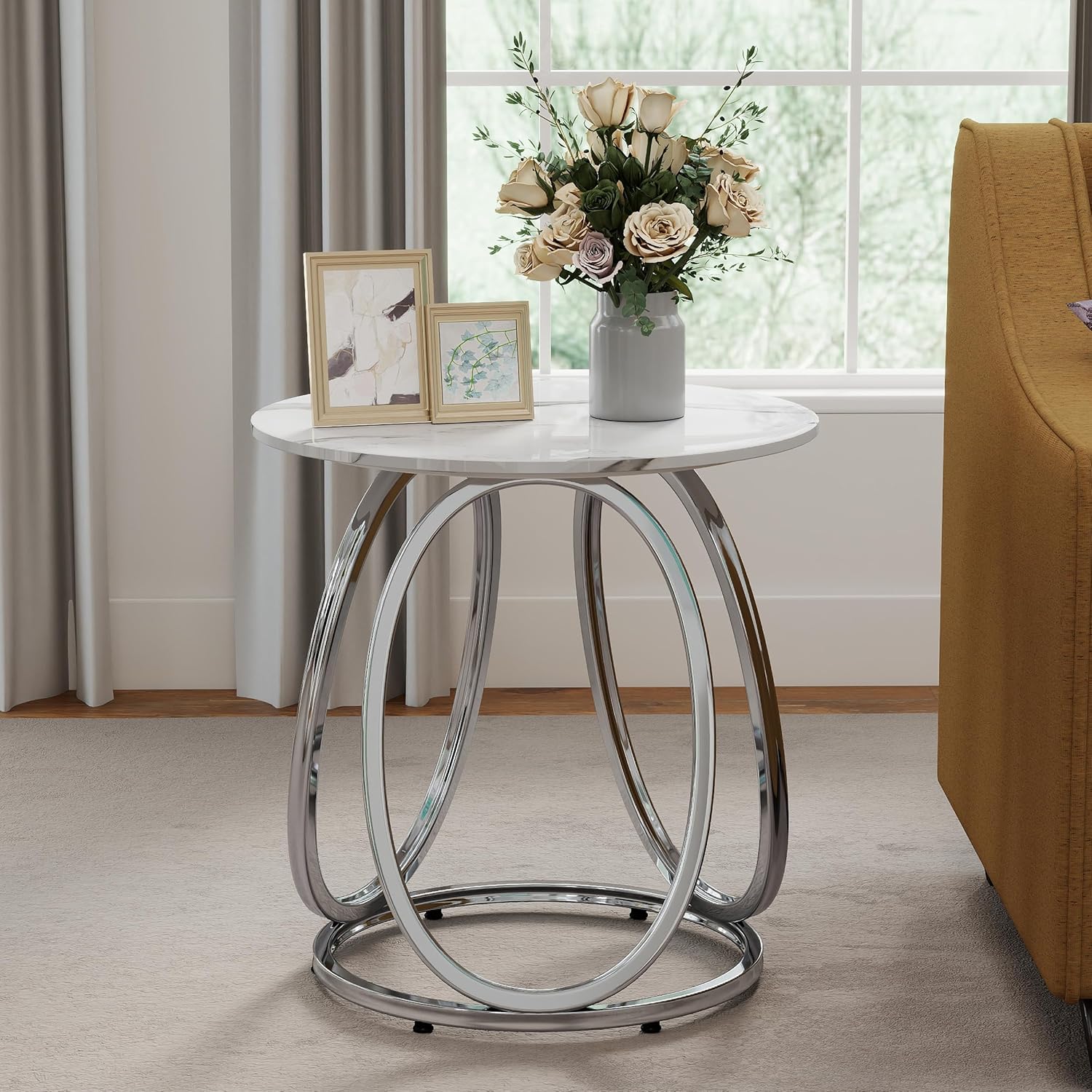 O&K FURNITURE Mesa auxiliar plateada, mesa auxiliar redonda con vetas de mármol sintético, mesita de noche moderna para dormitorio, sala de estar, oficina en casa, 1 unidad