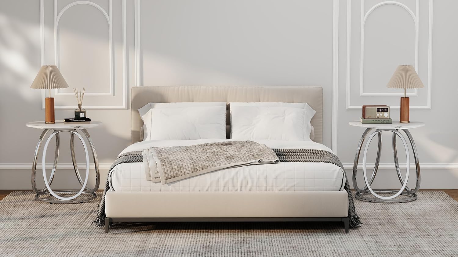 O&K FURNITURE Mesa auxiliar plateada, mesa auxiliar redonda con vetas de mármol sintético, mesita de noche moderna para dormitorio, sala de estar, oficina en casa, 1 unidad