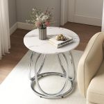 O&K FURNITURE Mesa auxiliar plateada, mesa auxiliar redonda con vetas de mármol sintético, mesita de noche moderna para dormitorio, sala de estar, oficina en casa, 1 unidad