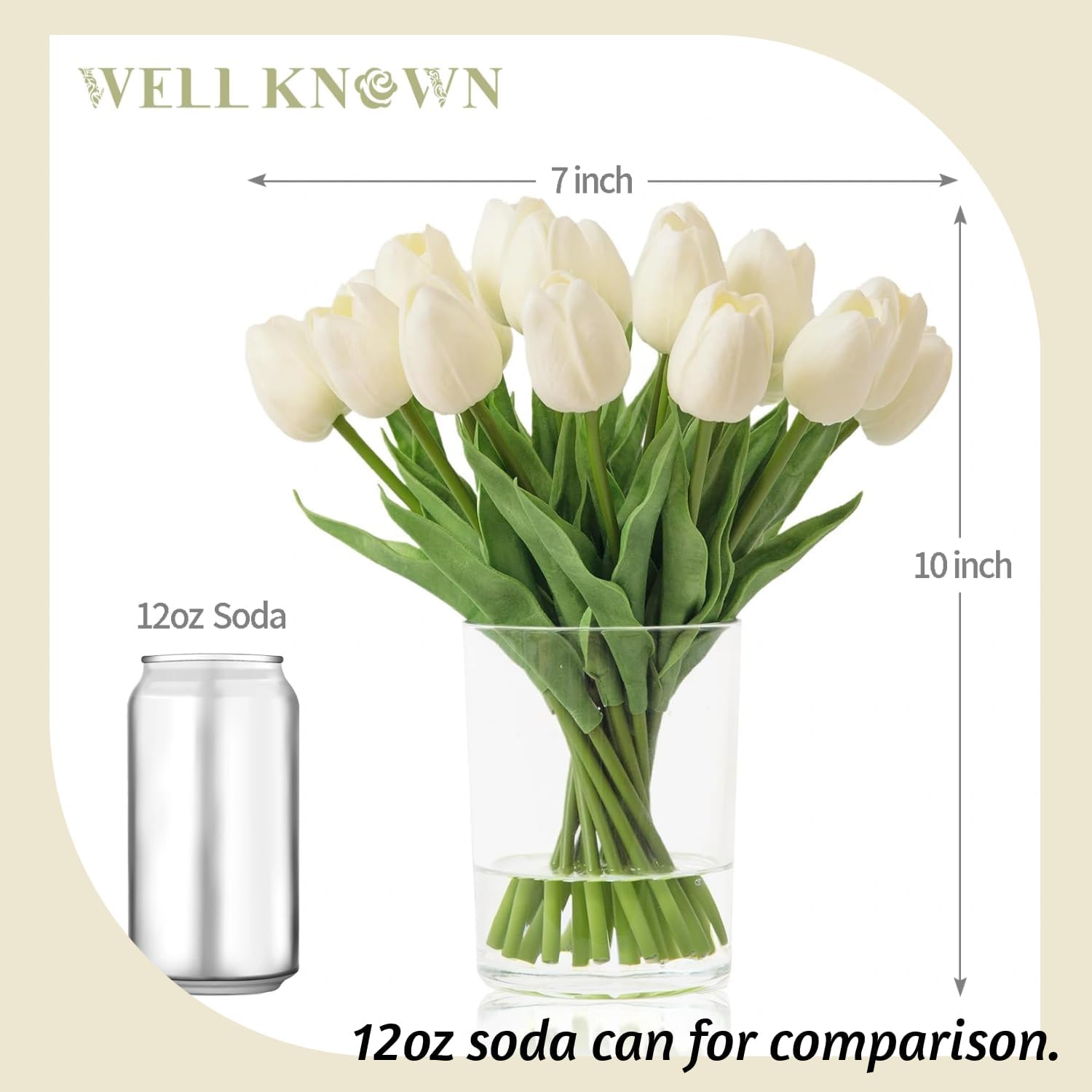 WELL KNOWN 20 piezas de tulipanes blancos artificiales en jarrón, flores falsas en jarrón de vidrio, tulipanes falsos de tacto real en jarrón con agua sintética para decoración del hogar, mesa de